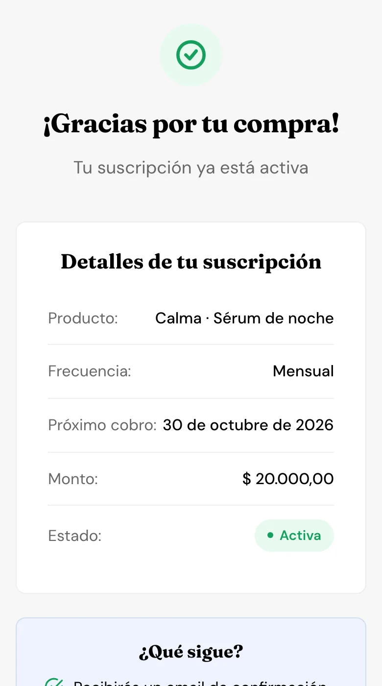 Página de gracias: la suscripción ya está activa