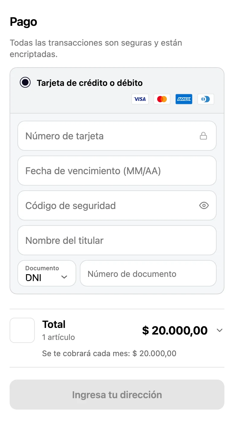 Pago con tarjeta de crédito o débito y total que se cobrará cada mes