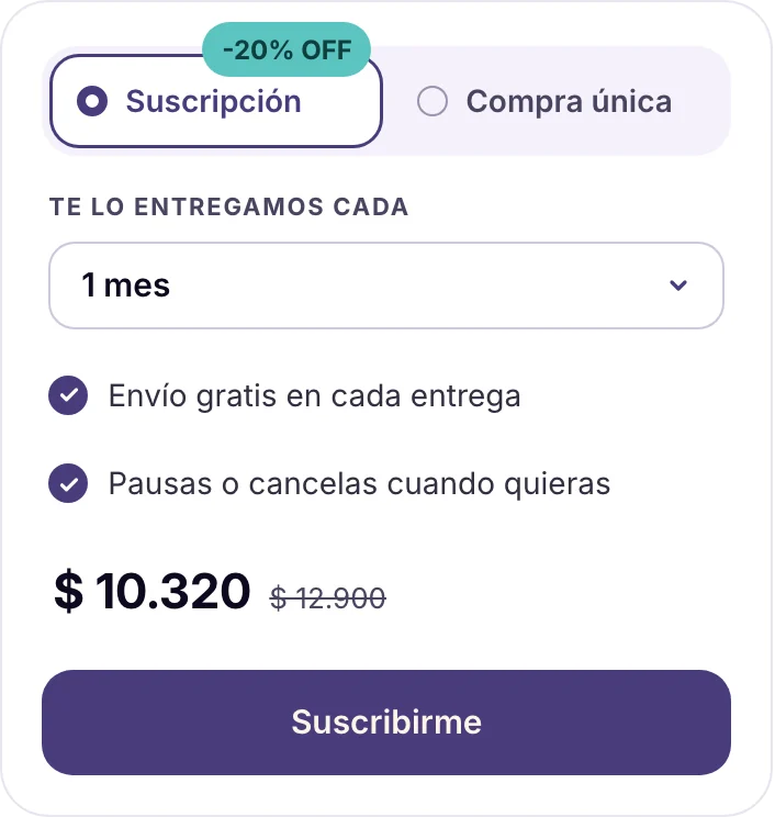 Widget de suscripción: elegir entre suscripción y compra única, frecuencia de entrega y botón Suscribirme